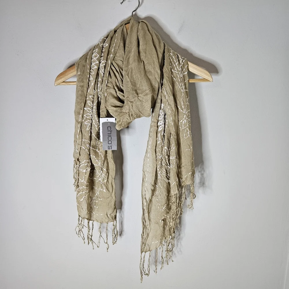 Chicos Driftwood Beige White Embroidered Scarf Wrap NWT